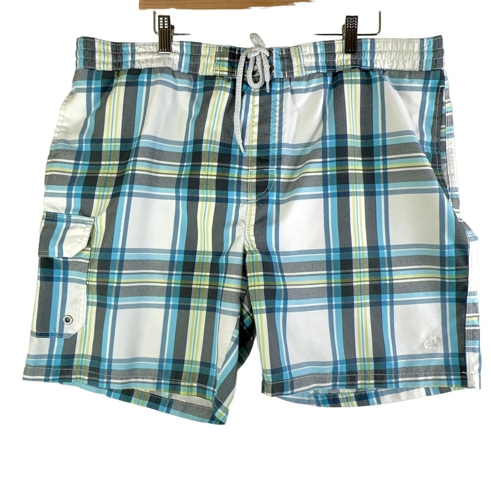 Caribbean‎ Joe Mens Swim Trunks Large Aqua Green Gray Plaid Hawaiian Pocket GUC